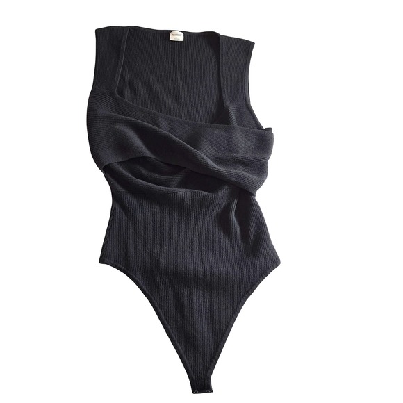 Abercrombie & Fitch Womens Bodysuit Black XL Wrap Front Ribbed Knit - Picture 2 of 12